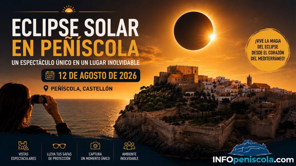 Eclipse solar total en Peñíscola con vista al castillo y el cielo oscuro.