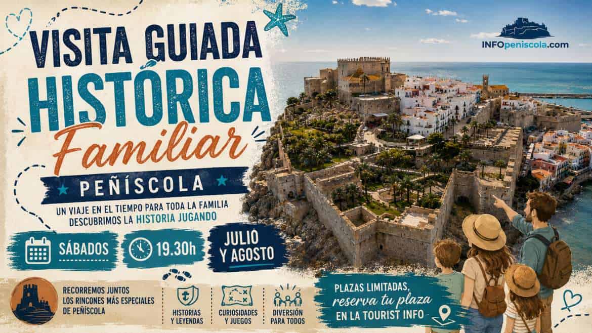Vista panorámica de Peñíscola con turistas en visita guiada histórica.