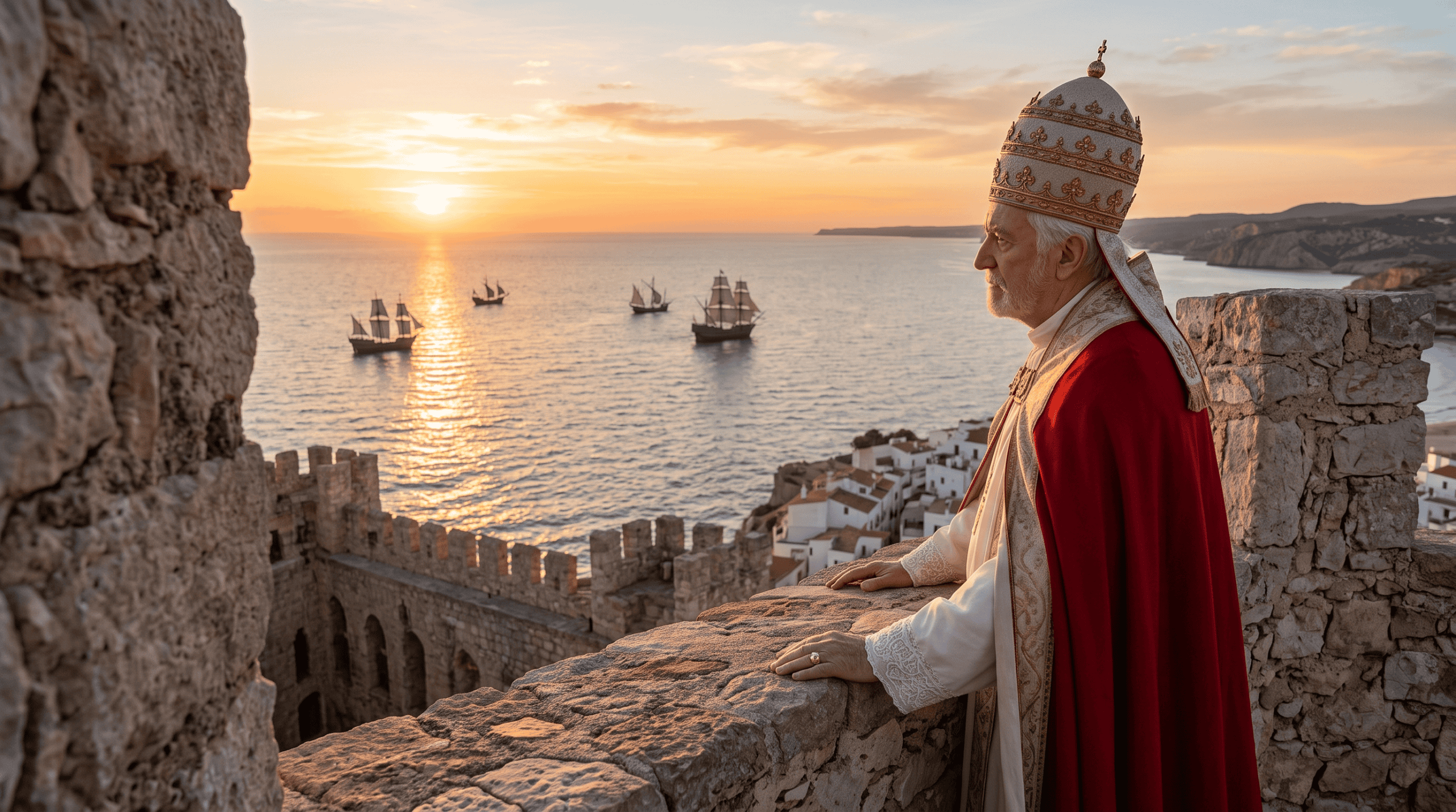 El Papa Luna en Peñíscola con vista al mar y barcos en el horizonte.