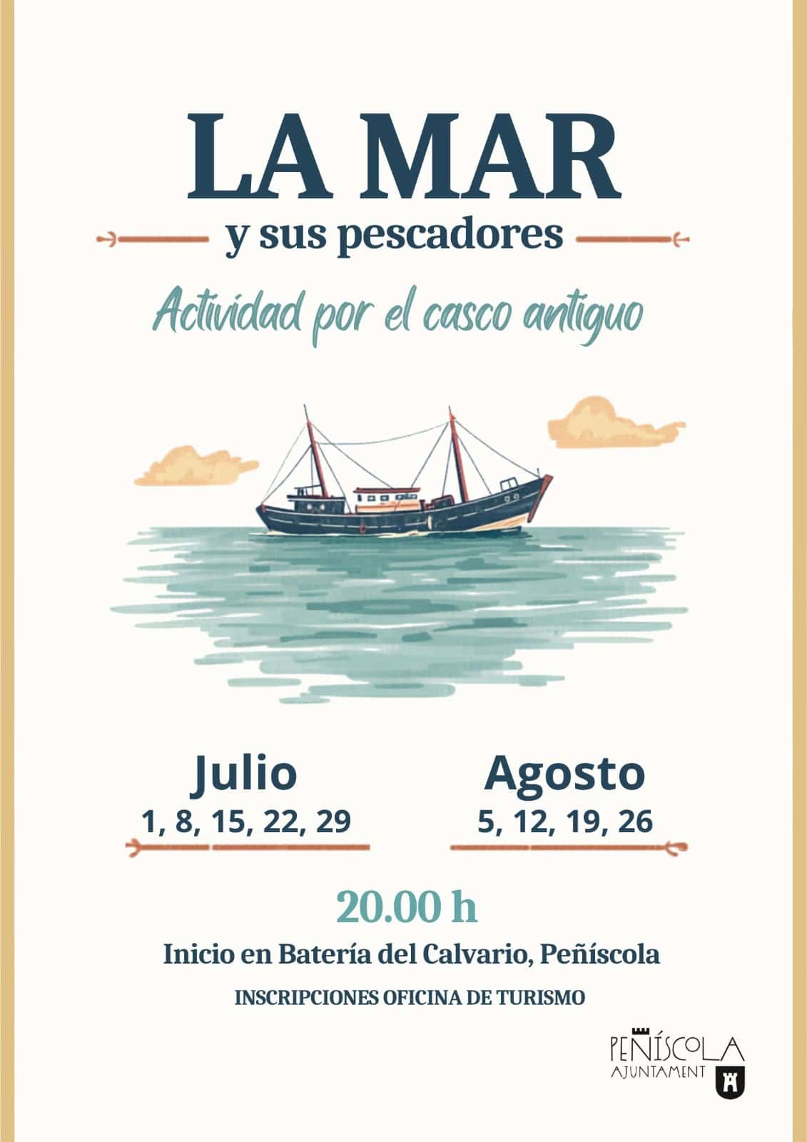 Actividad marítima en Peñíscola con barco y mar, visita guiada por el casco antiguo.
