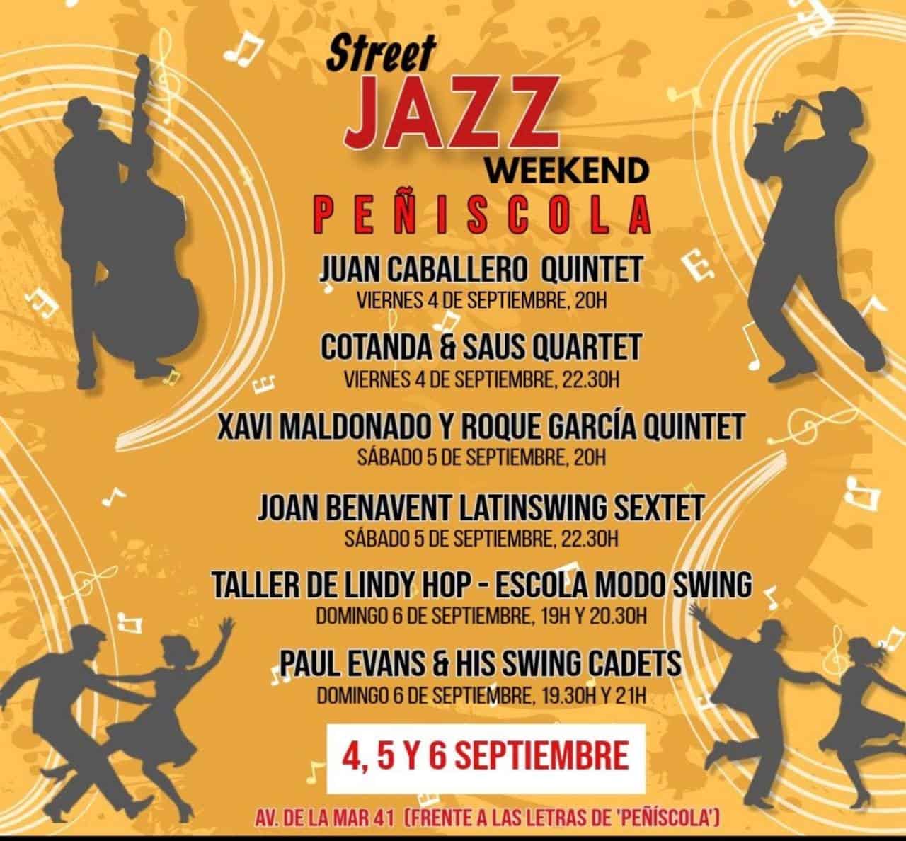 Cartel del Street Jazz Weekend Peñíscola con la programación y los días 4, 5 y 6 de septiembre en la Avenida del Mar