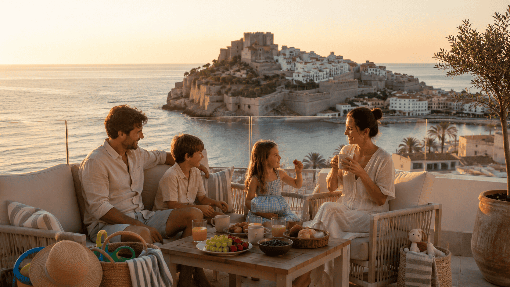 Familia con niños disfrutando de una terraza con vistas al castillo y al casco antiguo de Peñíscola
