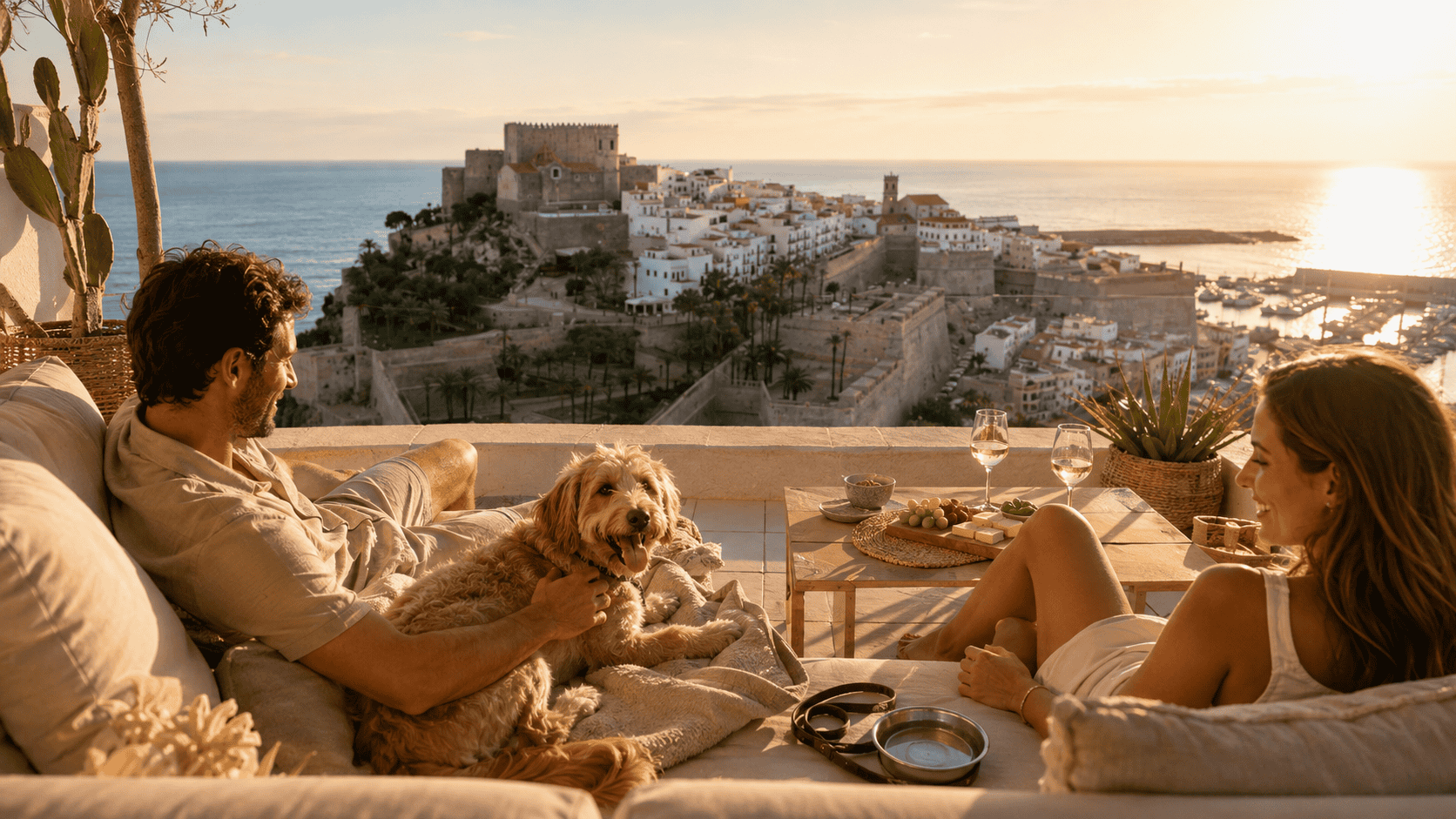 Pareja alojada con su perro en una terraza con vistas al castillo y al casco antiguo de Peñíscola