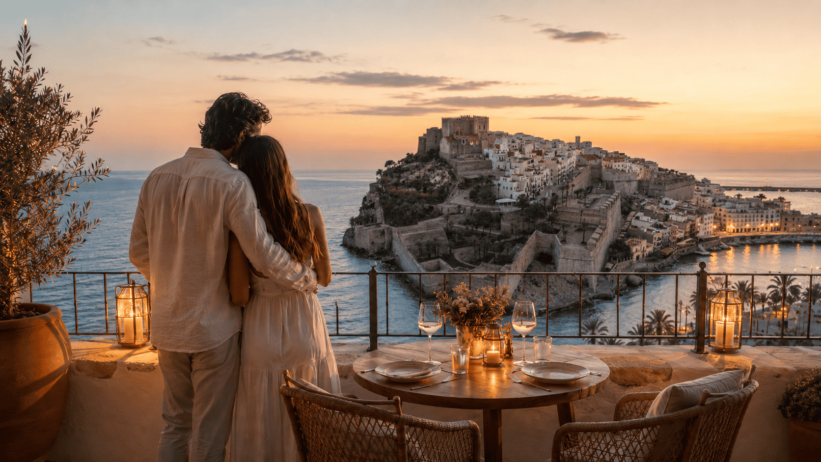 Pareja disfrutando de una estancia romántica con vistas al castillo y al casco antiguo de Peñíscola