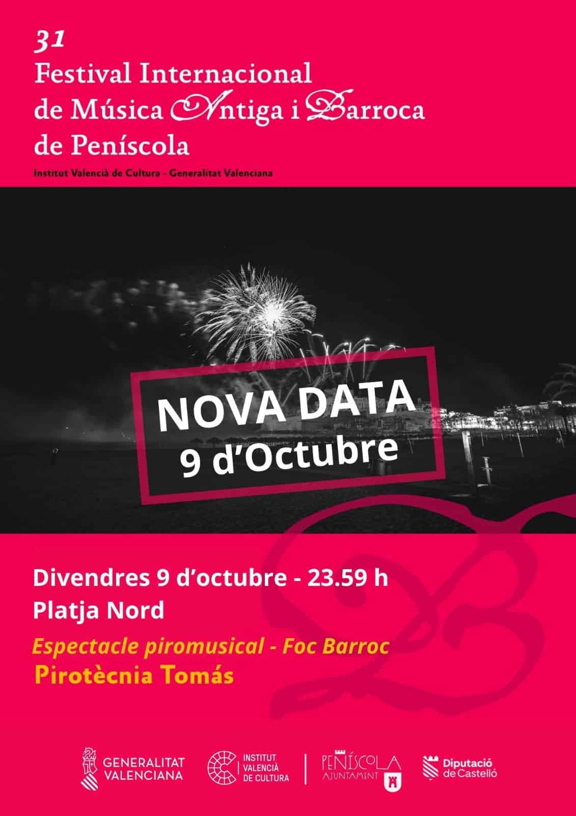 Cartel del 31 Festival Internacional de Música Antiga i Barroca de Peñíscola anunciando el Foc Barroc el 9 de octubre a las 23:59h en la Platja Nord
