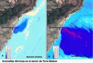 Anomalía térmica de Torre Badum captada de día y de noche por el sensor AHS en Peñíscola